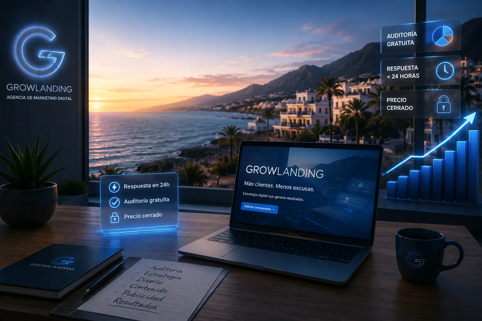 GrowLanding, digital marketing agency in Marbella: website design quote with free audit, 24-hour reply and fixed price