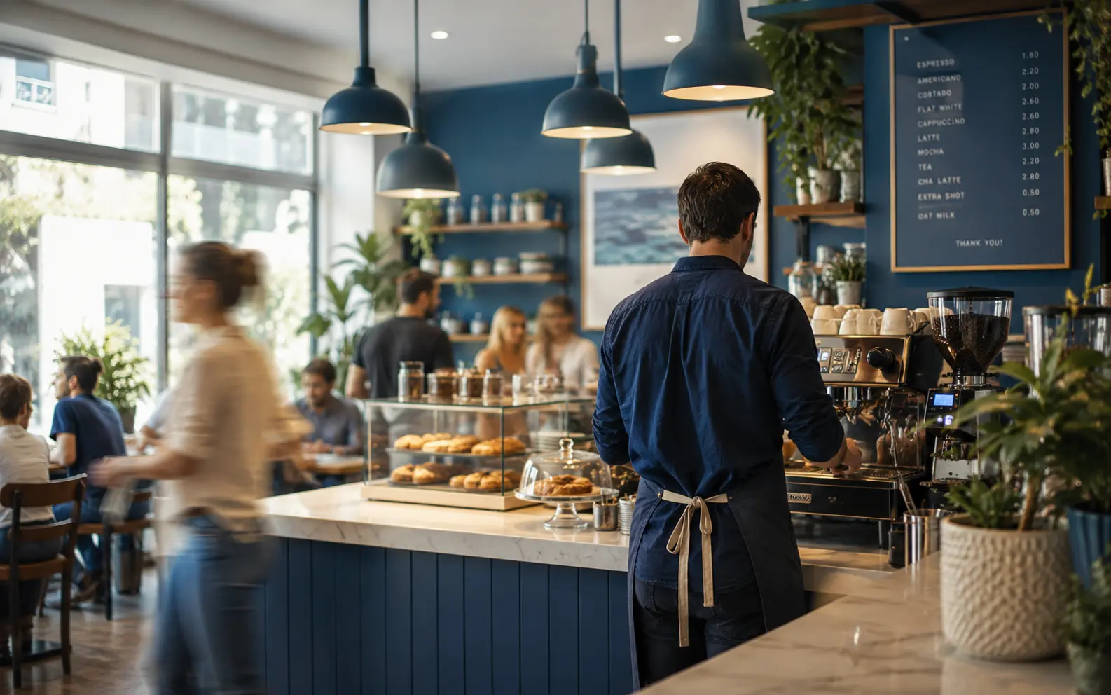 Business owner working the counter of a busy café, with no time to manage social media