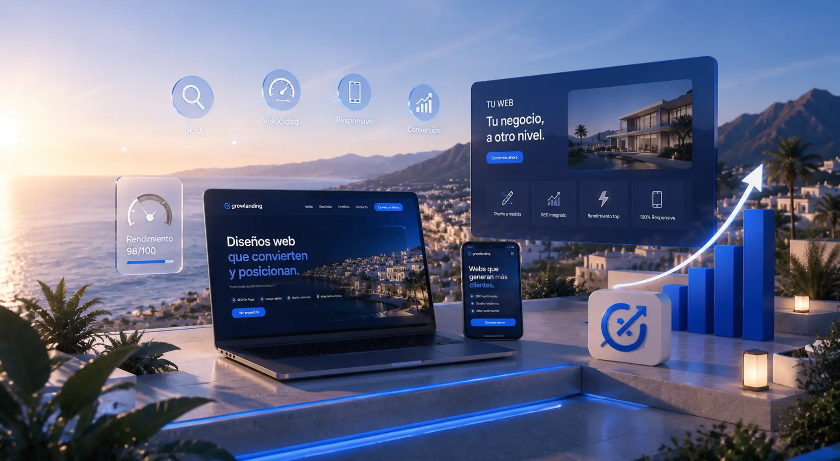 Web design with SEO in Marbella: professional website on laptop and mobile over the coast at sunset