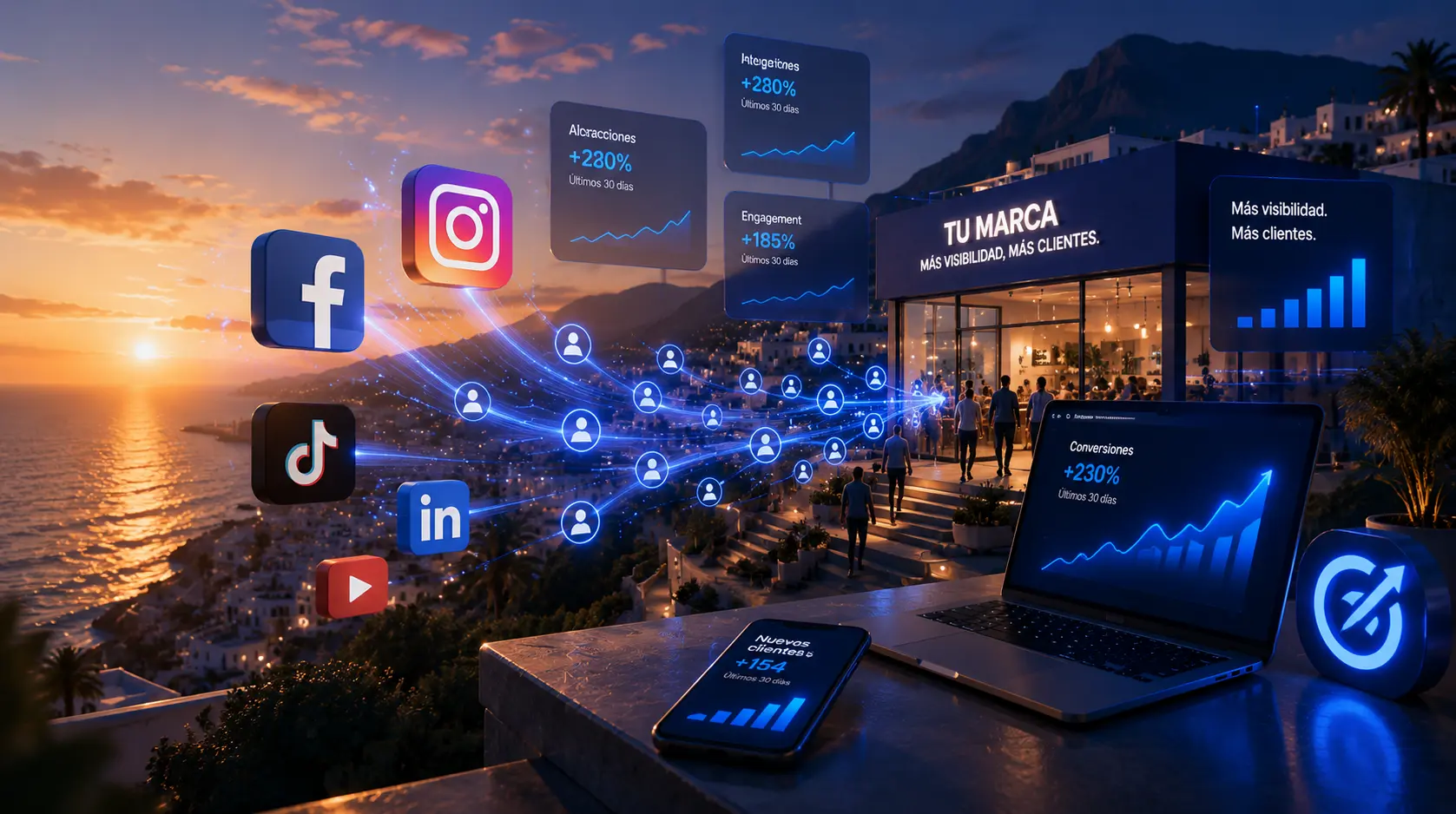 Social media management in Marbella: platform icons and growth metrics over the coast at sunset