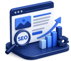 Web design with SEO icon: browser screen with a growth chart and SEO magnifying glass