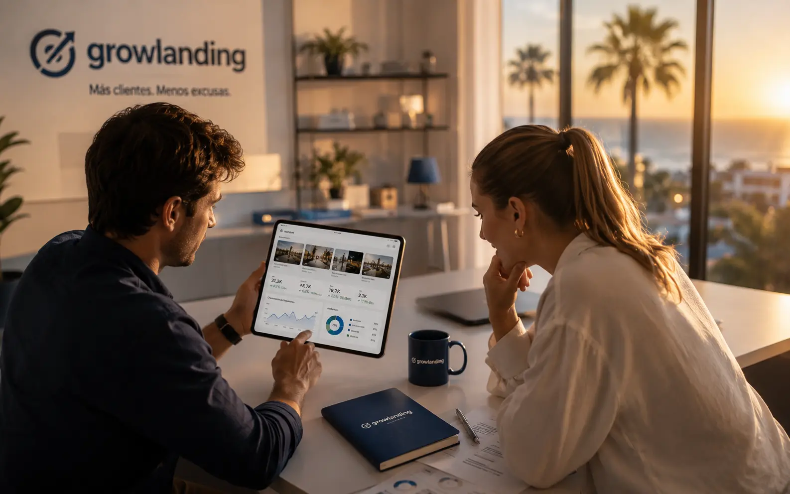 Two people from a brand reviewing their social media growth metrics with GrowLanding on a tablet