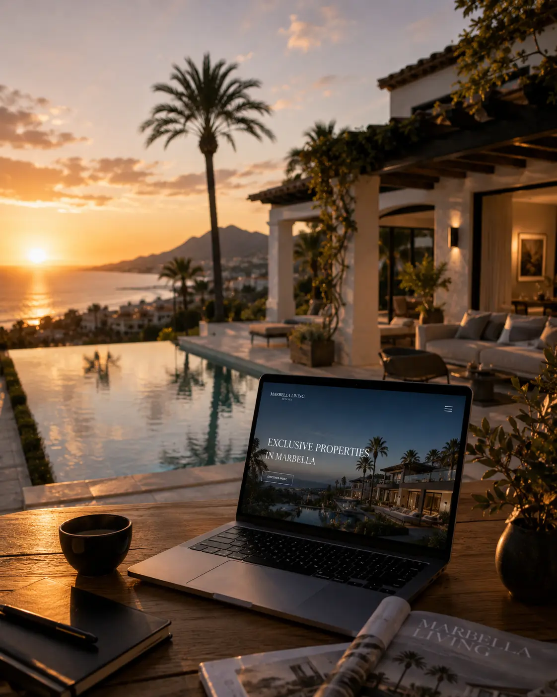 Instagram post from a Marbella business: a laptop showing its exclusive properties website in front of a villa with a pool at sunset on the Costa del Sol