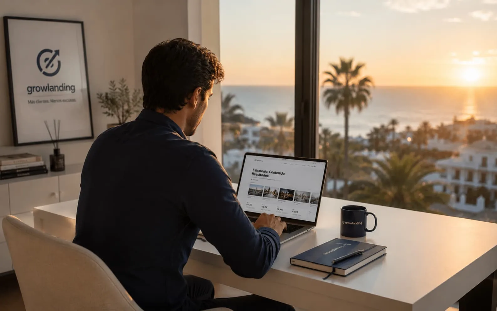 Independent professional working on their website with GrowLanding from a studio overlooking the Marbella coast at sunset