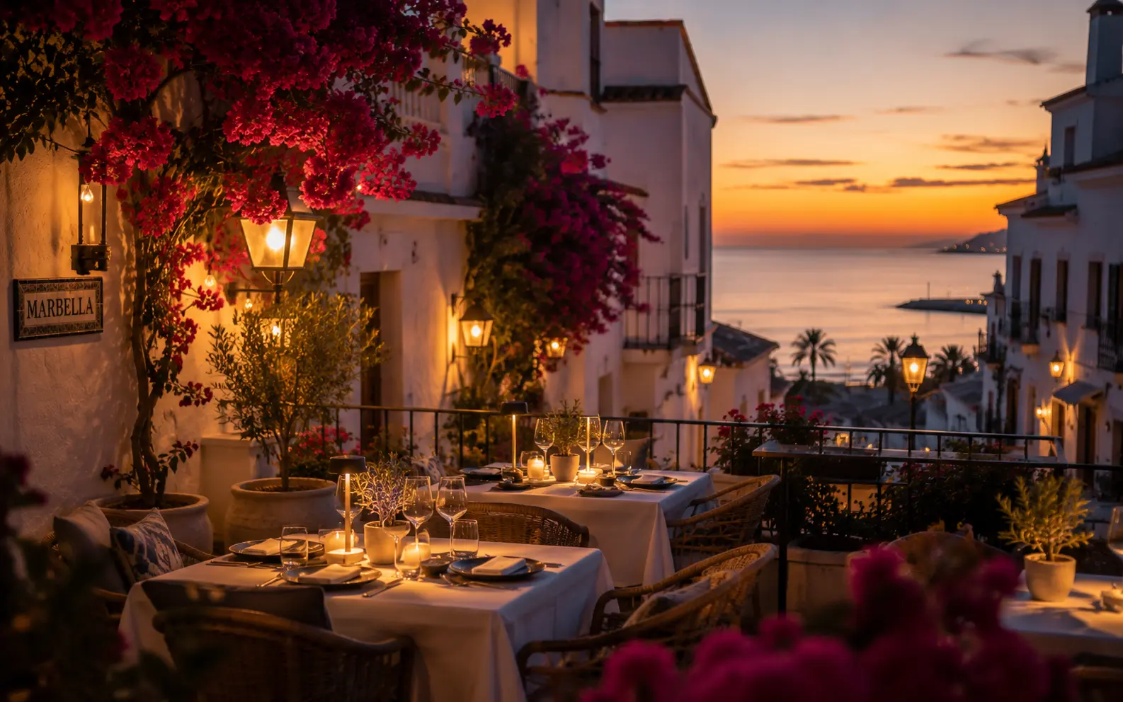 Terrace of a restaurant in Marbella's old town at sunset, with bougainvillea and the sea in the background